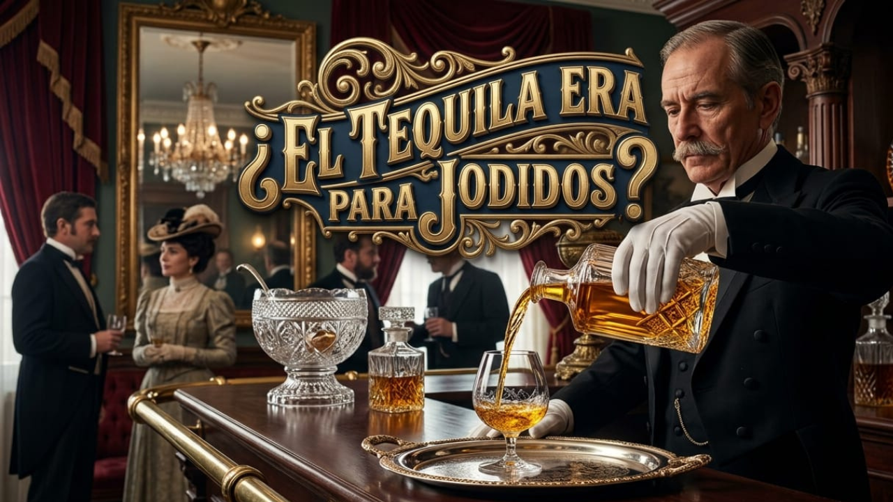 Mesero elegante sirviendo tequila en una copa de cristal en una cantina de lujo durante el Porfiriato, desmintiendo el mito del tequila barato.