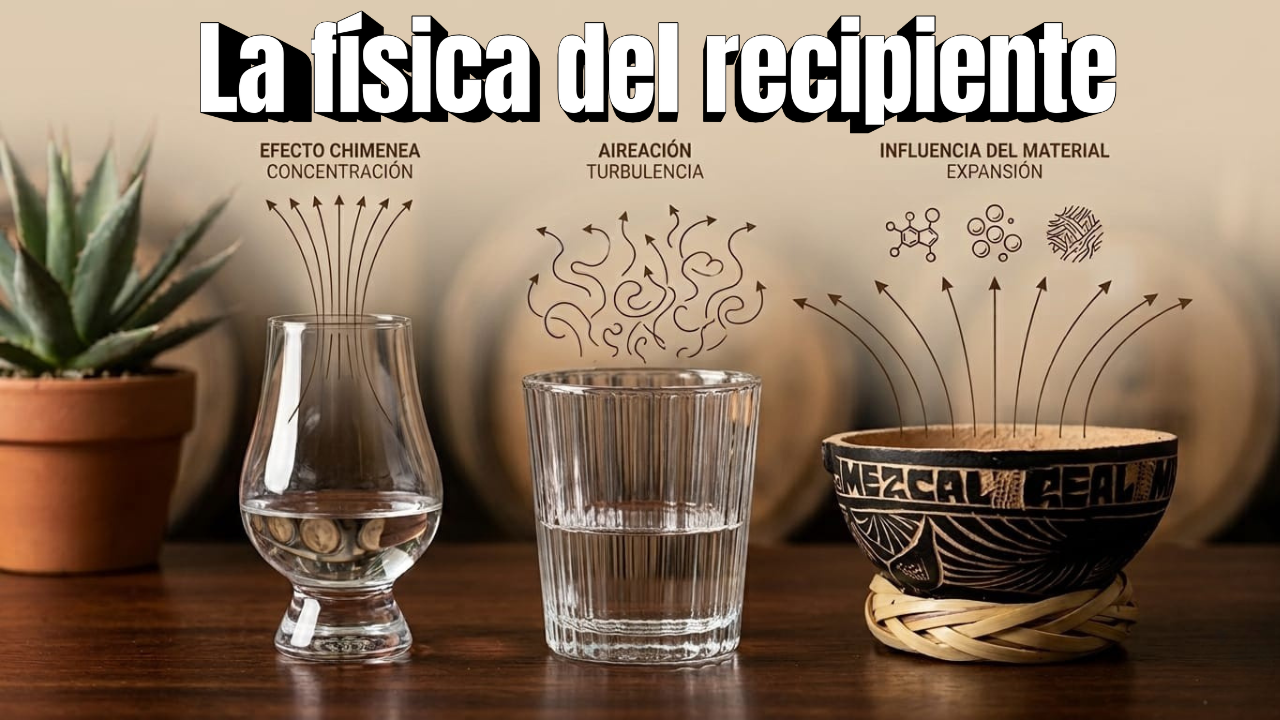 Comparación de recipientes para destilados de agave: copa Glencairn, vaso veladora y jícara de morro analizando el efecto chimenea, la turbulencia y la expansión del material.