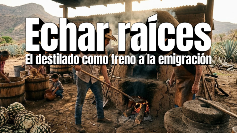 Joven y maestro mezcalero trabajando juntos en un horno cónico de tierra en un palenque tradicional, representando el trabajo digno.